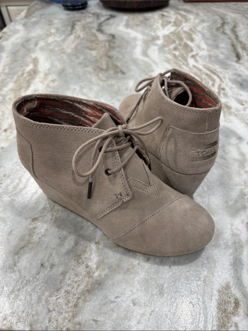 TOMS Desert Taupe Suede Lace-Up Wedge Booties